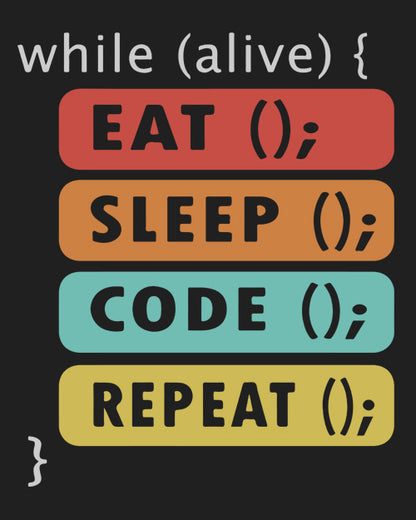 &quot;While alive - Eat, Sleep, Code, Repeat&quot; - UNISEX HALF SLEEVE T-SHIRT (91C12)